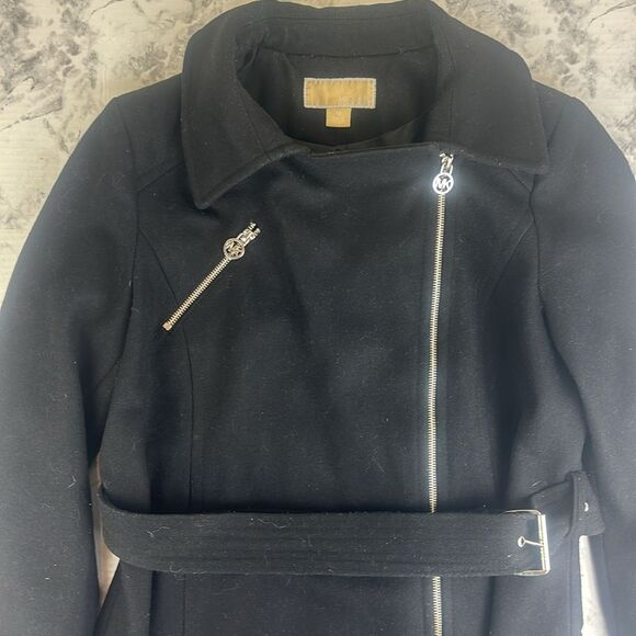 Michael Kors Black Wool Blend Cassandra Asymmetrical Zipper Pea Coat Size 12 - Picture 3 of 12